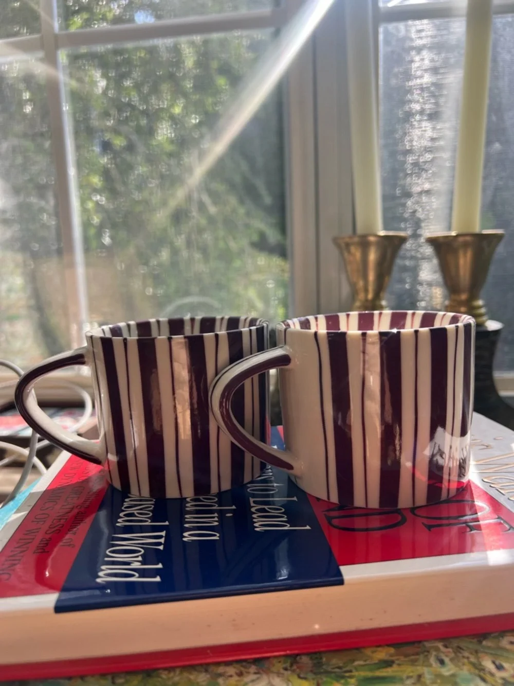 Noon &‎ Moon Cherry Lacquer Striped Espresso Cups Set of 2 Demitasse NWOB